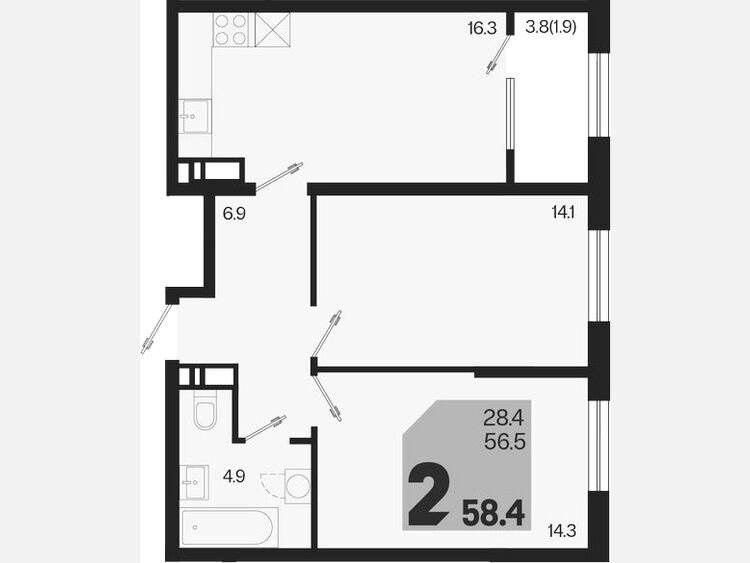 3-комнатная квартира, 58.40 м², 14/18 этаж фото 0