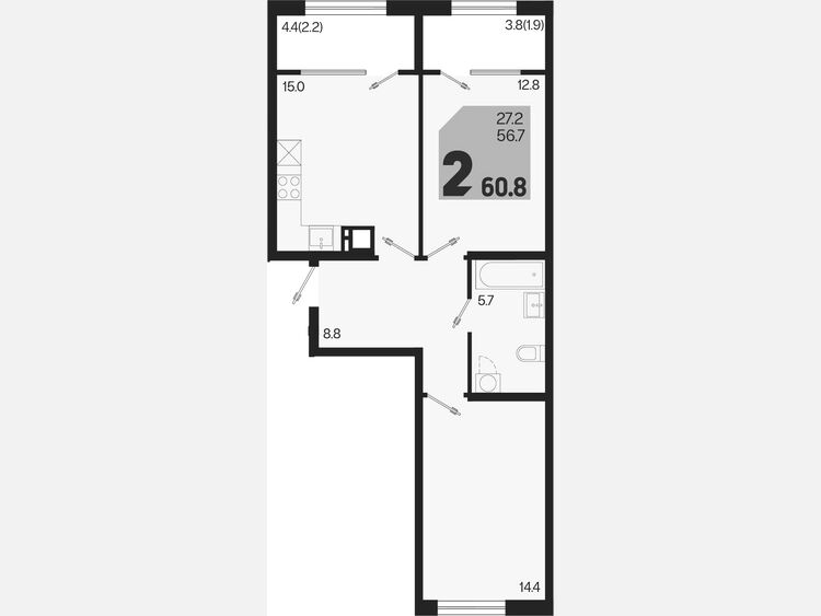 3-комнатная квартира, 60.80 м², 2/9 этаж фото 0