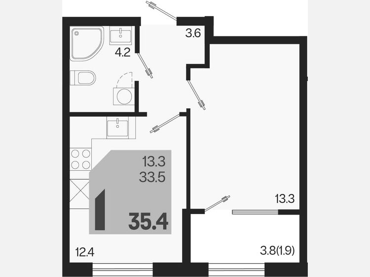 1-комнатная квартира, 35.40 м², 2/9 этаж фото 0