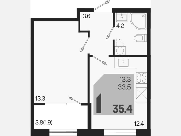 1-комнатная квартира, 35.40 м², 2/9 этаж фото 0