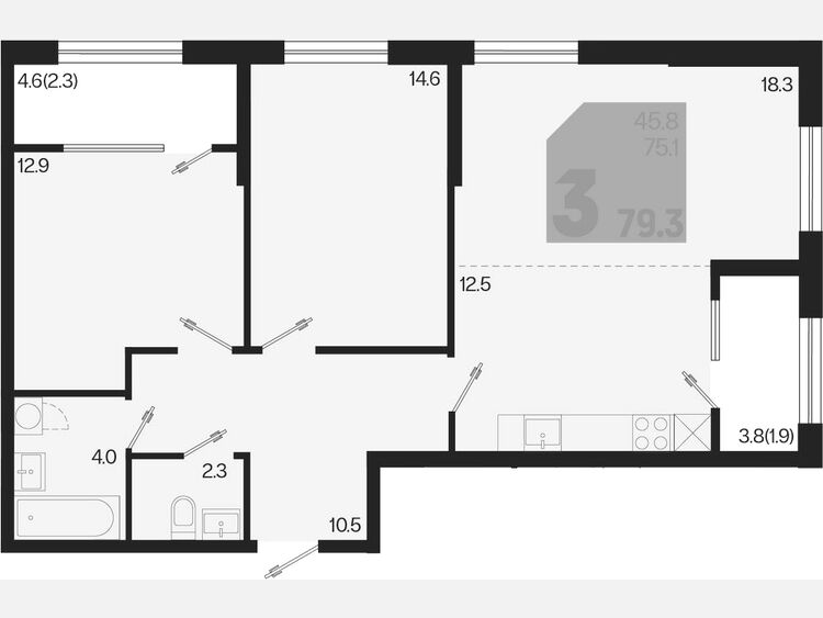 3-комнатная квартира, 79.30 м², 2/9 этаж фото 0