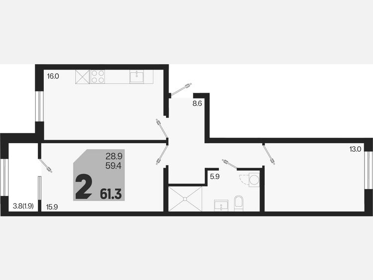 3-комнатная квартира, 61.30 м², 2/9 этаж фото 0