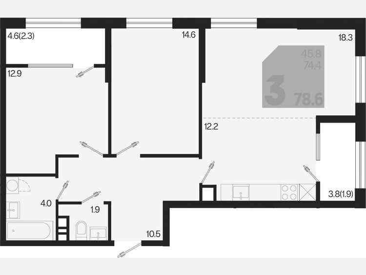 3-комнатная квартира, 78.60 м², 9/9 этаж фото 0