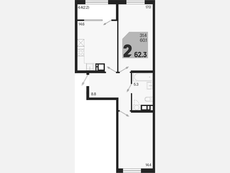 2-комнатная квартира, 62.30 м², 9/9 этаж фото 0
