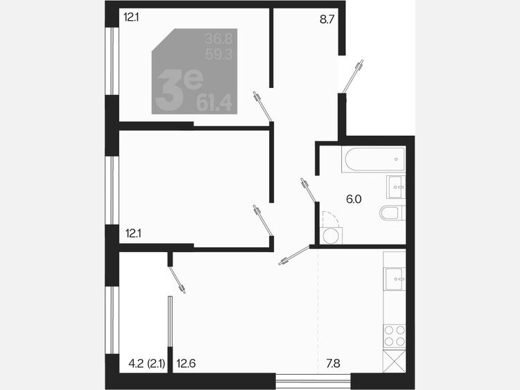 3-комнатная квартира, 61.40 м², 2/18 этаж фото 0