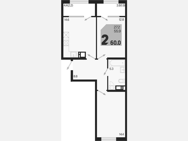 2-комнатная квартира, 60 м², 3/9 этаж фото 0