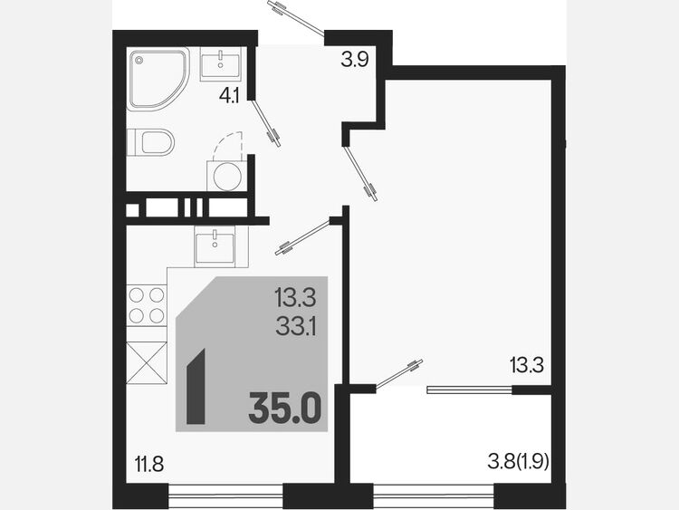 1-комнатная квартира, 35 м², 6/9 этаж фото 0
