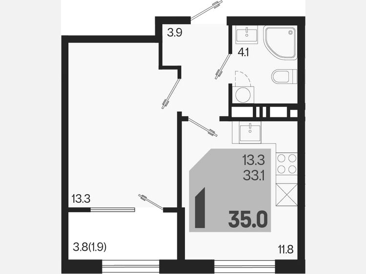 1-комнатная квартира, 35 м², 5/9 этаж фото 0