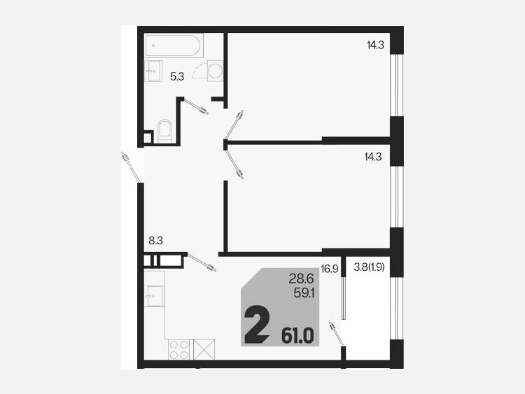 3-комнатная квартира, 61 м², 2/18 этаж фото 0