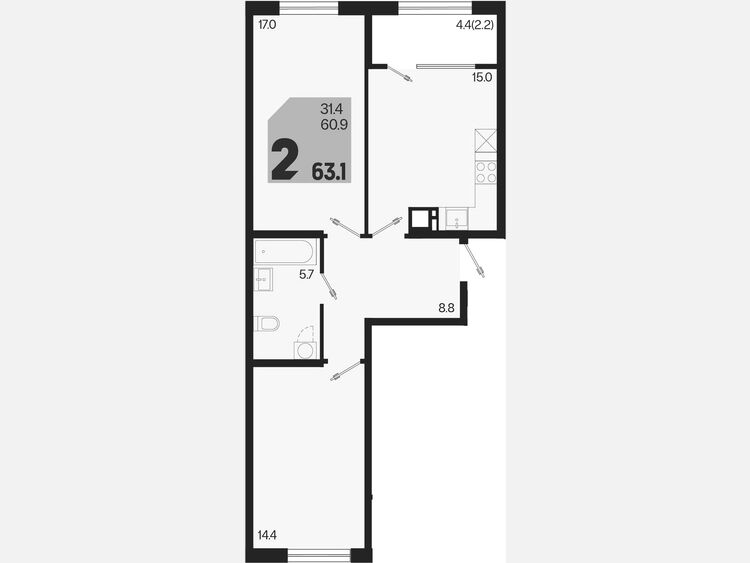 3-комнатная квартира, 63.10 м², 2/9 этаж фото 0