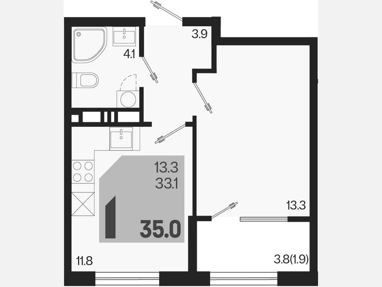 1-комнатная квартира, 35 м², 3/9 этаж фото 0