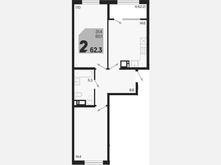 2-комнатная квартира, 62.30 м², 3/9 этаж фото 0