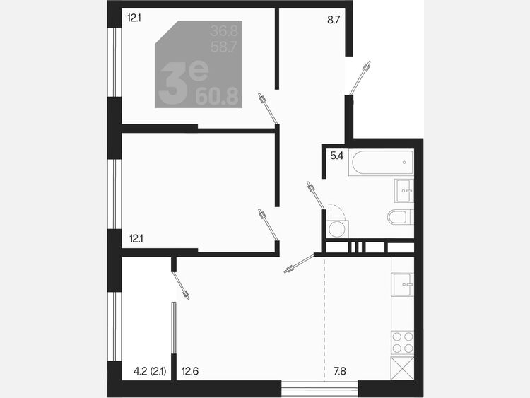 3-комнатная квартира, 60.80 м², 12/18 этаж фото 0