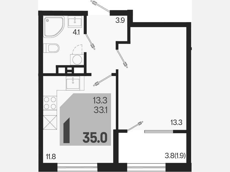 1-комнатная квартира, 35 м², 9/9 этаж фото 0