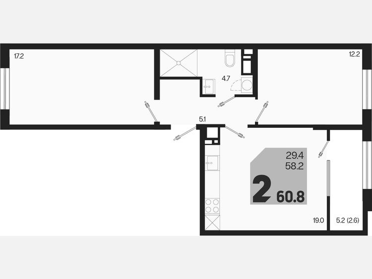 3-комнатная квартира, 60.80 м², 15/18 этаж фото 0