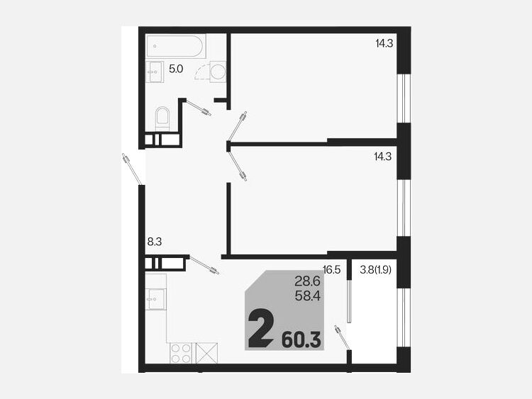 3-комнатная квартира, 60.30 м², 8/18 этаж фото 0