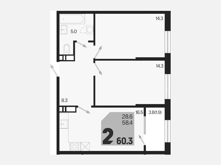 3-комнатная квартира, 60.30 м², 18/18 этаж фото 0