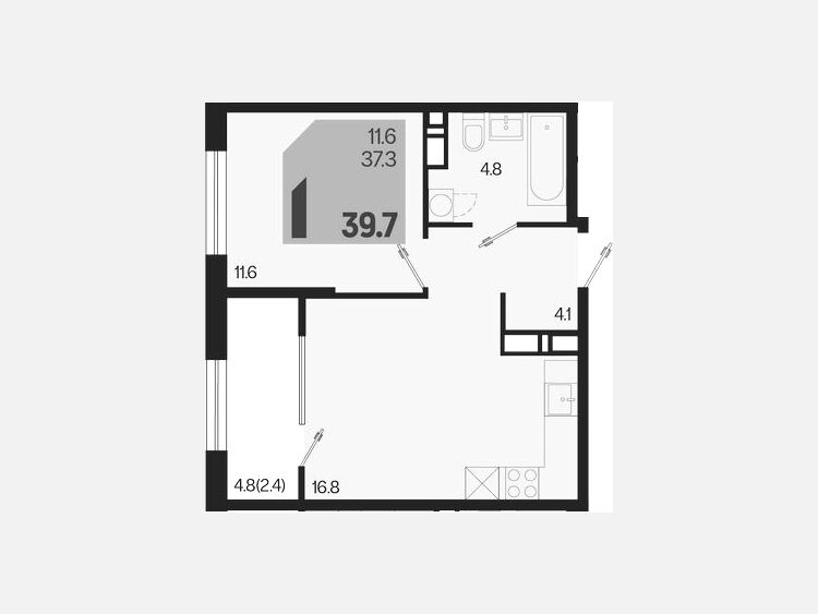 2-комнатная квартира, 39.70 м², 18/18 этаж фото 0
