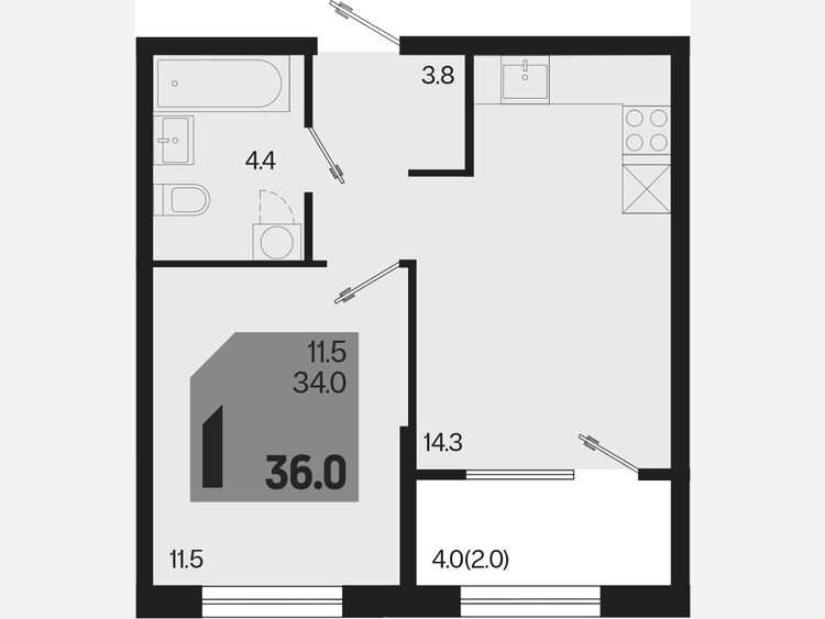 1-комнатная квартира, 36 м², 2/18 этаж фото 0