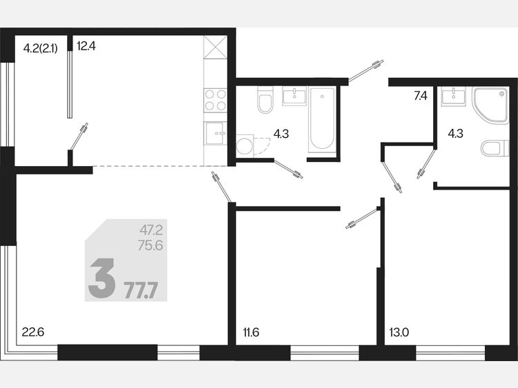 3-комнатная квартира, 77.70 м², 2/18 этаж фото 0