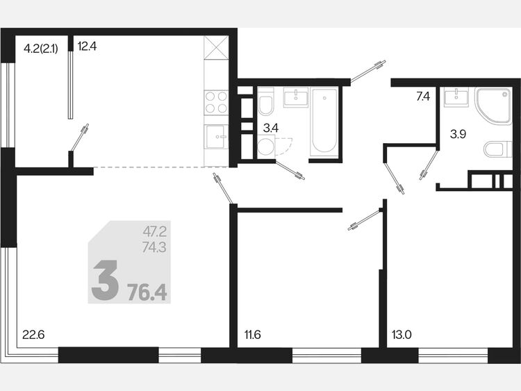 3-комнатная квартира, 76.40 м², 10/18 этаж фото 0