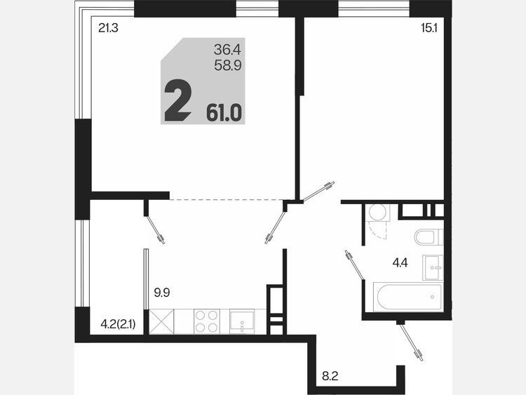2-комнатная квартира, 61 м², 18/18 этаж фото 0