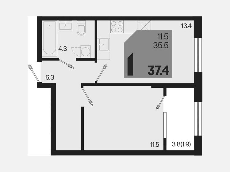 1-комнатная квартира, 37.40 м², 2/18 этаж фото 0
