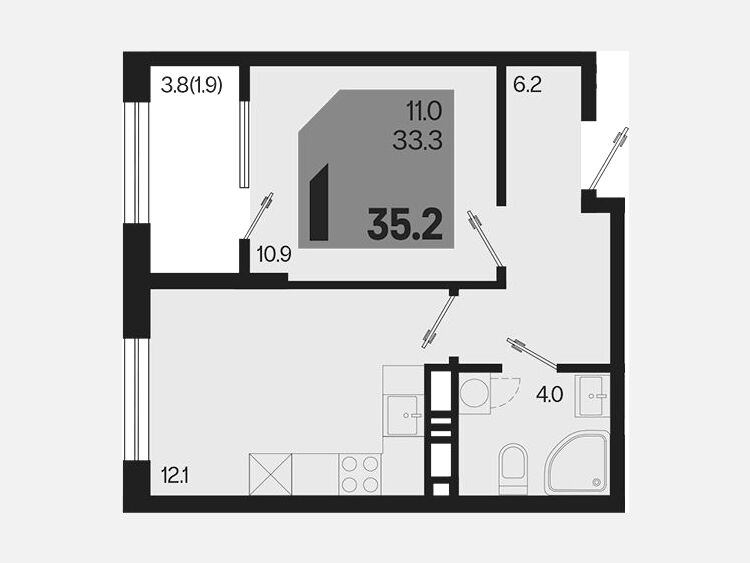 1-комнатная квартира, 35.20 м², 5/18 этаж фото 0