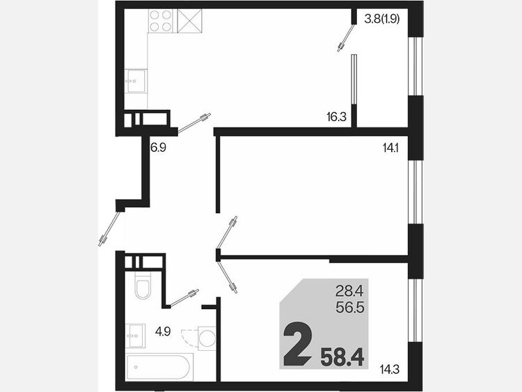 3-комнатная квартира, 58.40 м², 14/18 этаж фото 0