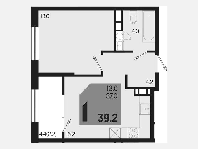 2-комнатная квартира, 39.20 м², 18/18 этаж фото 0