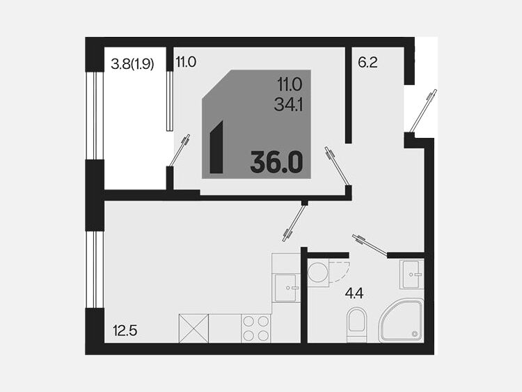 1-комнатная квартира, 36 м², 2/18 этаж фото 0