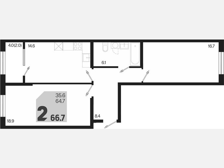 2-комнатная квартира, 66.70 м², 2/18 этаж фото 0