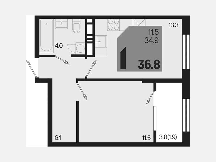 1-комнатная квартира, 36.80 м², 10/18 этаж фото 0