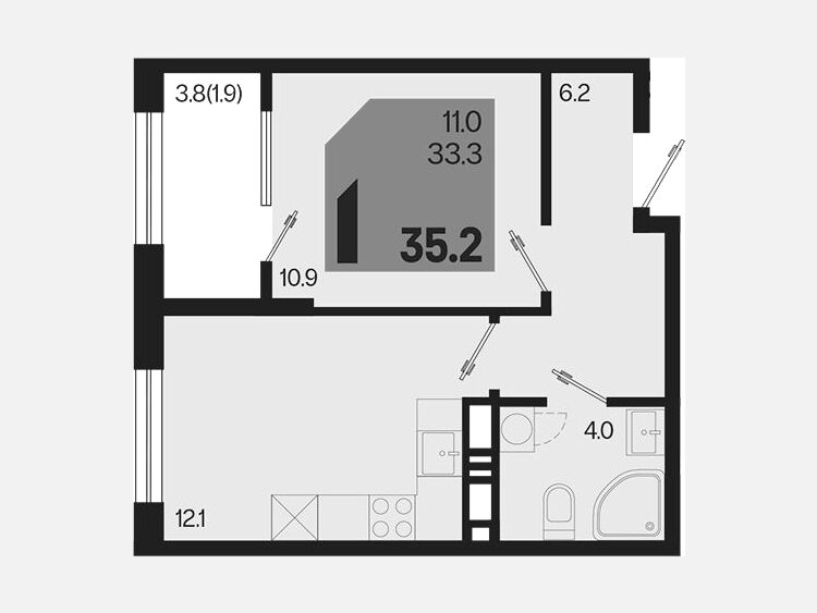 1-комнатная квартира, 35.20 м², 11/18 этаж фото 0