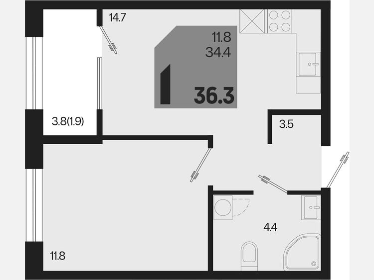 1-комнатная квартира, 36.30 м², 2/9 этаж фото 0