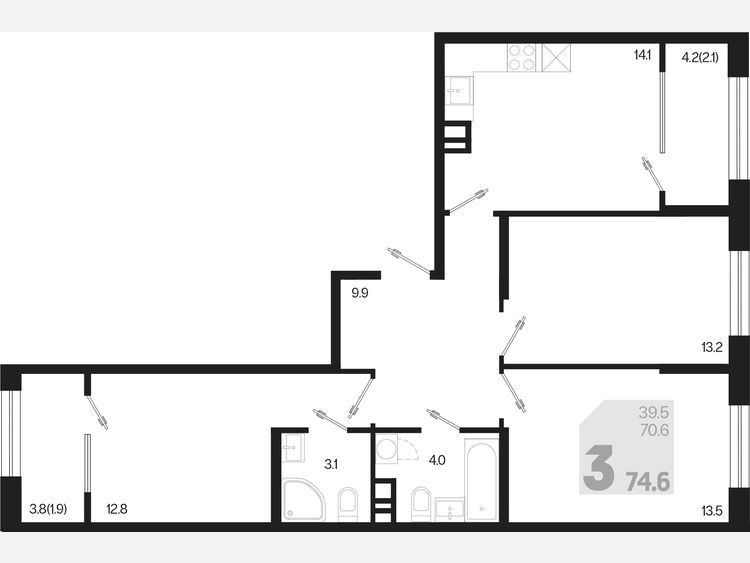 3-комнатная квартира, 74.60 м², 3/9 этаж фото 0
