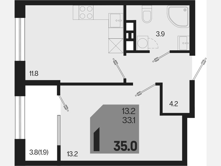 1-комнатная квартира, 35 м², 8/9 этаж фото 0
