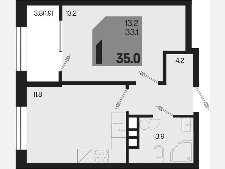 1-комнатная квартира, 35 м², 3/9 этаж фото 0