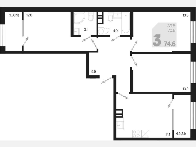 3-комнатная квартира, 74.60 м², 9/9 этаж фото 0