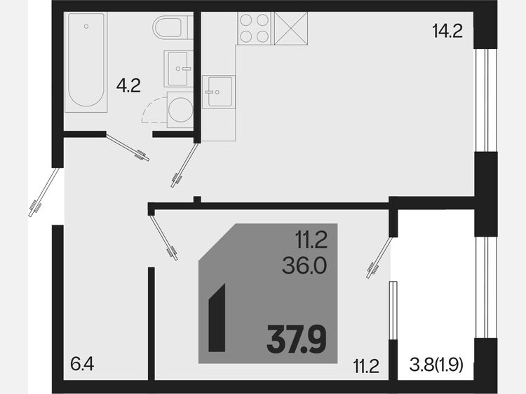 1-комнатная квартира, 37.90 м², 2/9 этаж фото 0