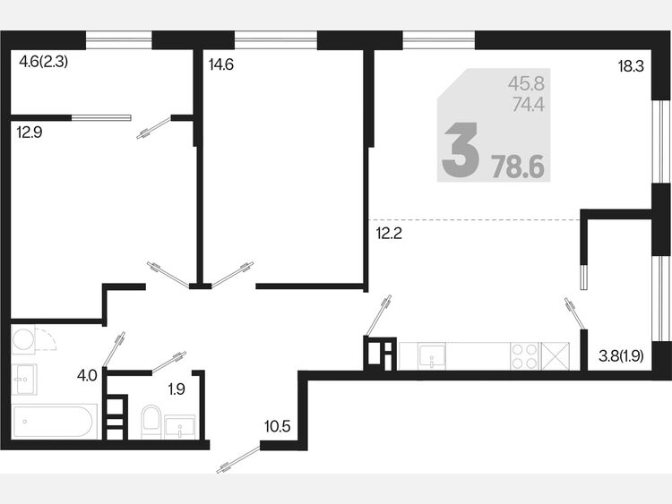 3-комнатная квартира, 78.60 м², 8/9 этаж фото 0