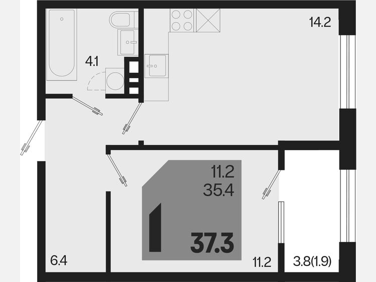 1-комнатная квартира, 37.30 м², 7/9 этаж фото 0