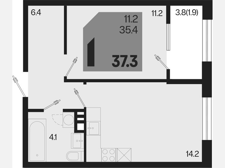 1-комнатная квартира, 37.30 м², 3/9 этаж фото 0