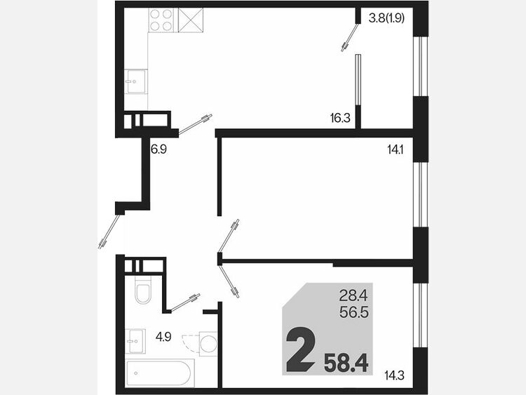 3-комнатная квартира, 58.40 м², 13/18 этаж фото 0