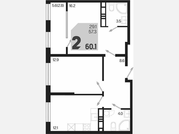 2-комнатная квартира, 60.10 м², 18/18 этаж фото 0