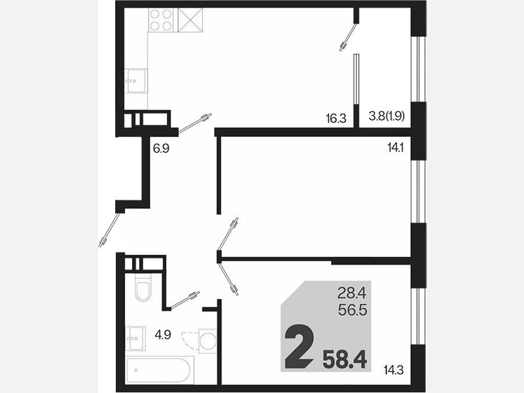 3-комнатная квартира, 58.40 м², 18/18 этаж фото 0