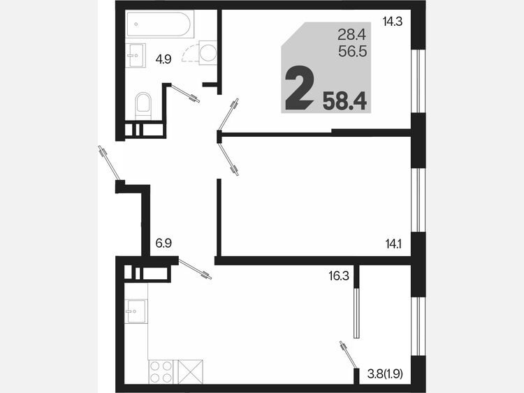3-комнатная квартира, 58.40 м², 15/18 этаж фото 0
