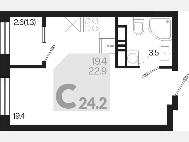 Студия, 24.20 м², 11/18 этаж фото 0