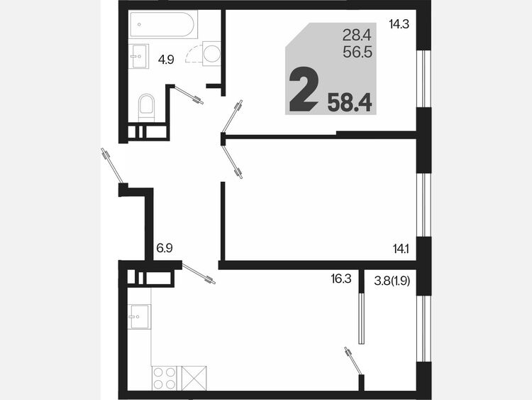 3-комнатная квартира, 58.40 м², 18/18 этаж фото 0