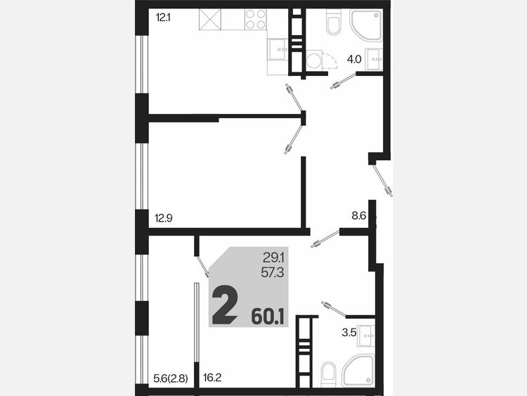 2-комнатная квартира, 60.10 м², 18/18 этаж фото 0